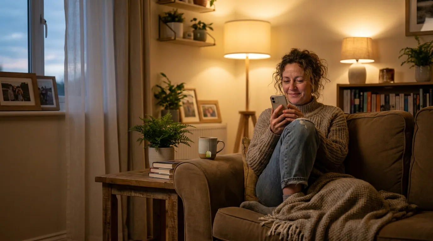 A woman relaxing on her sofa in the evening, reading a visit summary on her phone with relief.