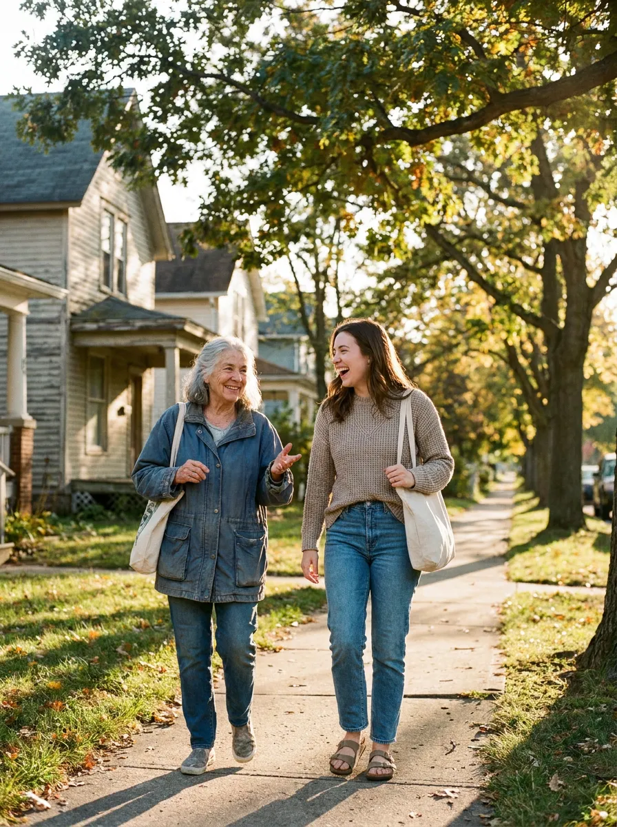 A companion and a senior woman walking and talking together on a tree-lined street.