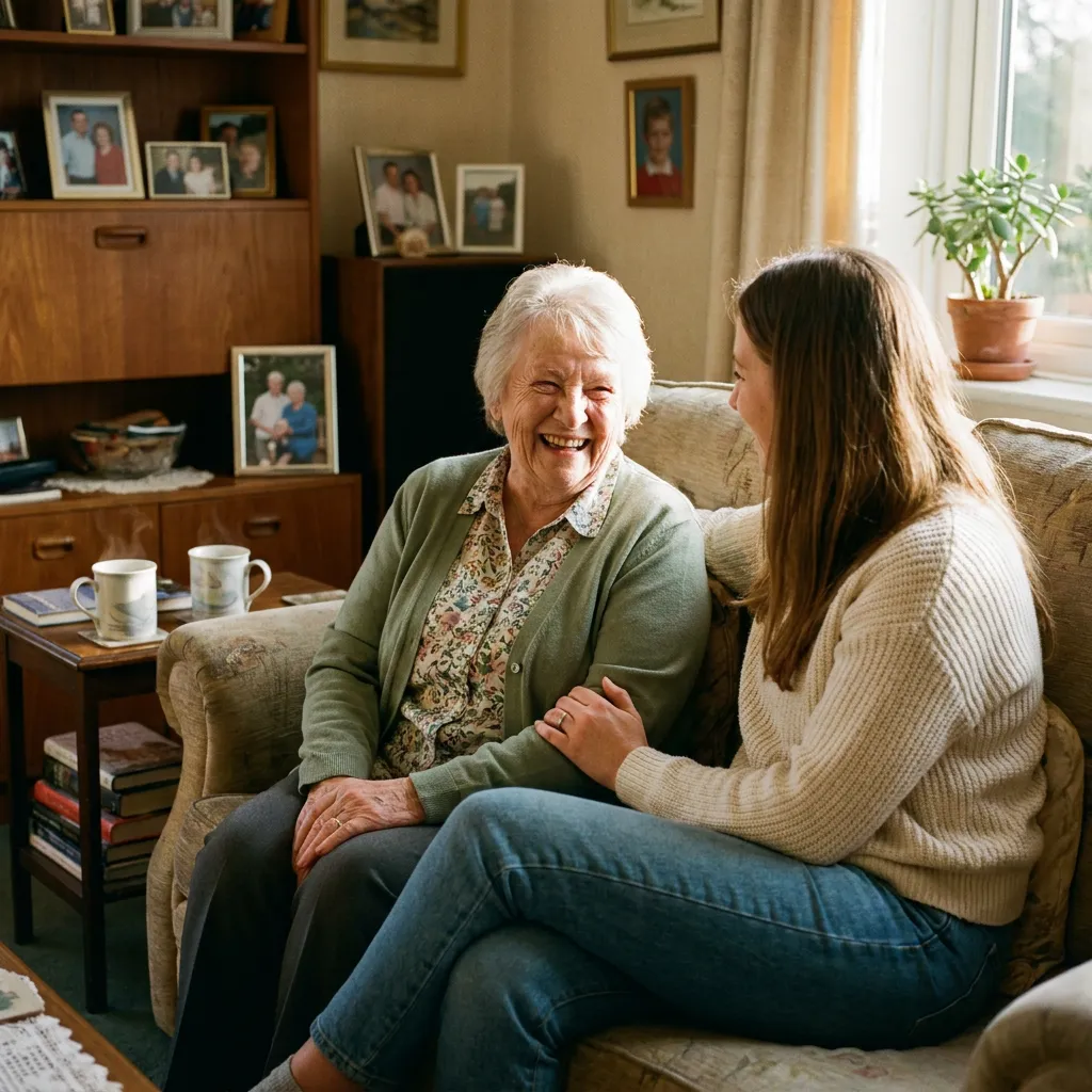 A senior woman and her companion laughing together on the sofa over tea.