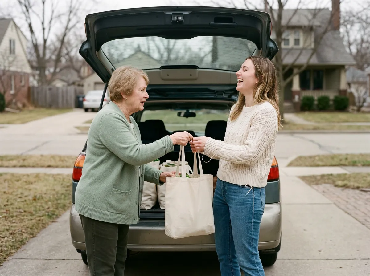 A companion helps a senior woman unload groceries from the car, both laughing.