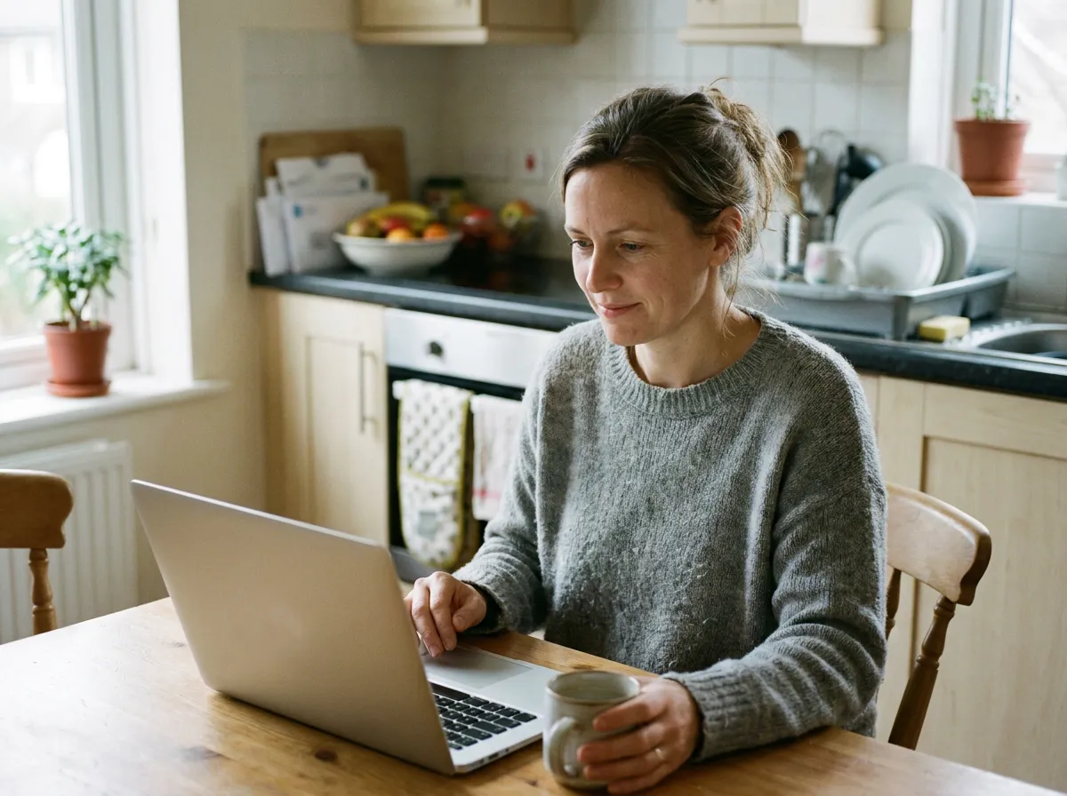 A woman filling in her parent's profile on her laptop at her kitchen table.