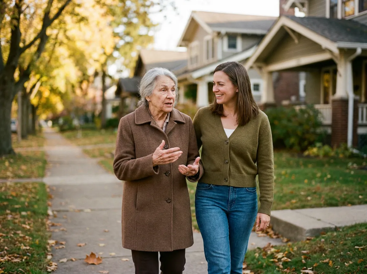 A senior and her companion walking and talking together on a quiet street.