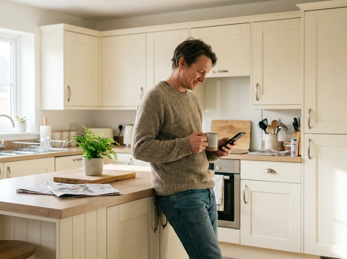A person adjusting their visit plan on their phone in their kitchen.